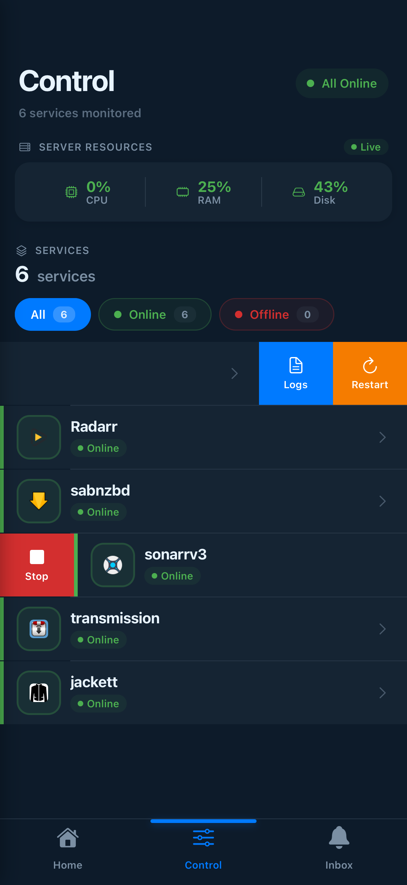 Container control screen with live logs and resource metrics.