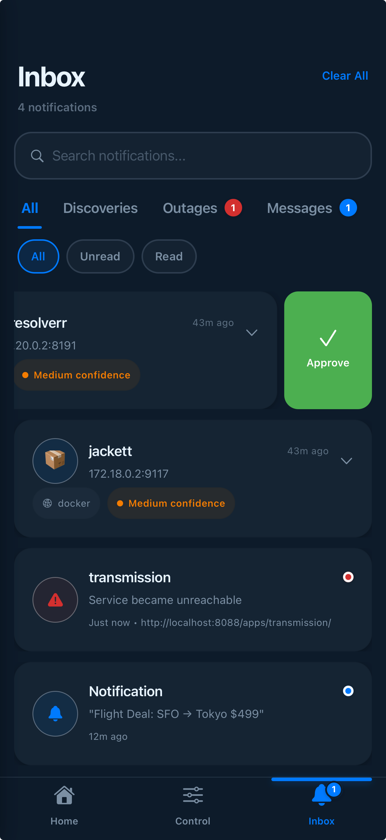 Notifications inbox with alert history.