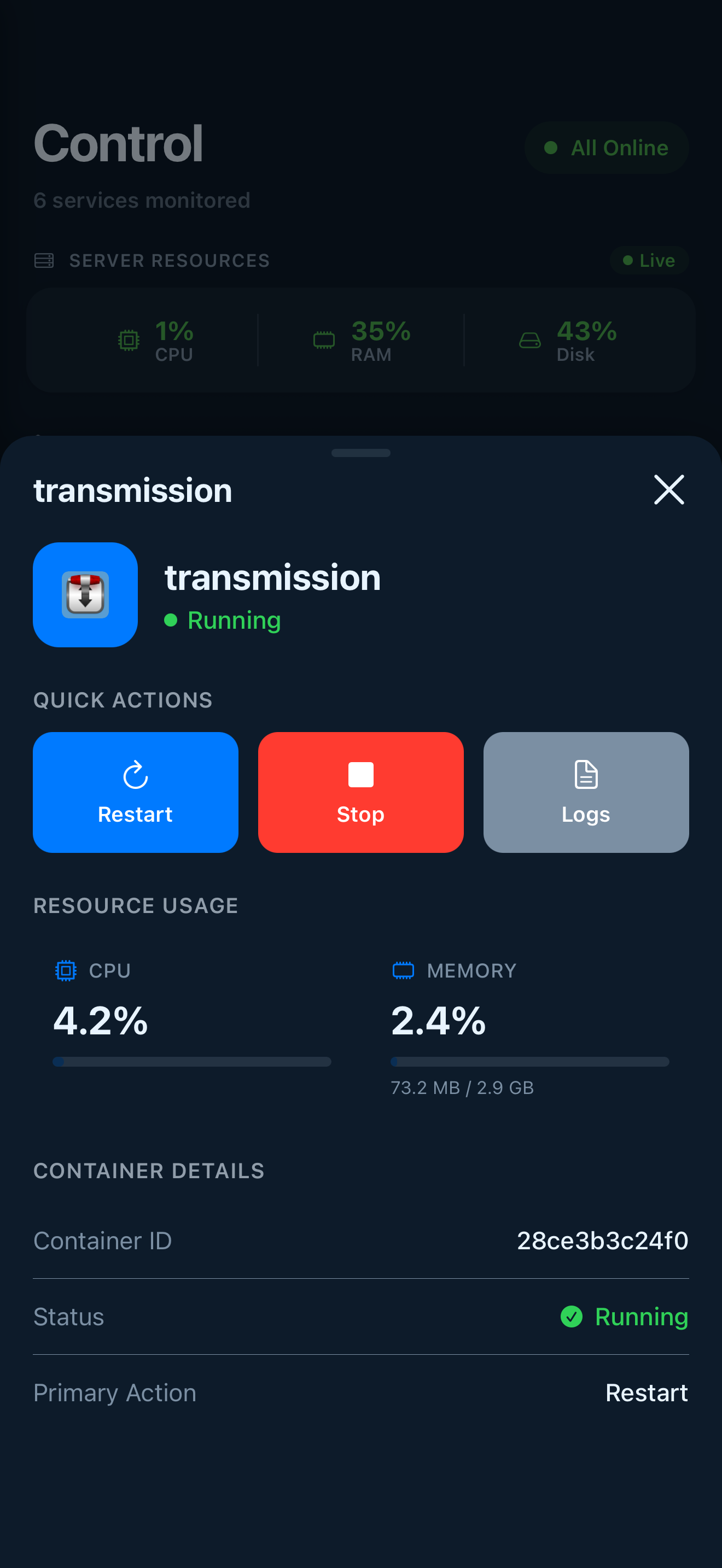 Service detail screen showing metadata, health checks, and quick actions.
